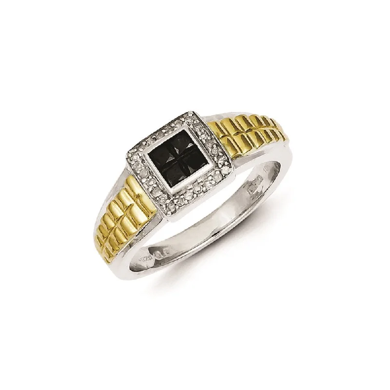 ladies rings with white pearls -Sterling Silver and Gold Plated Black & White Diamond Square Men's Ring