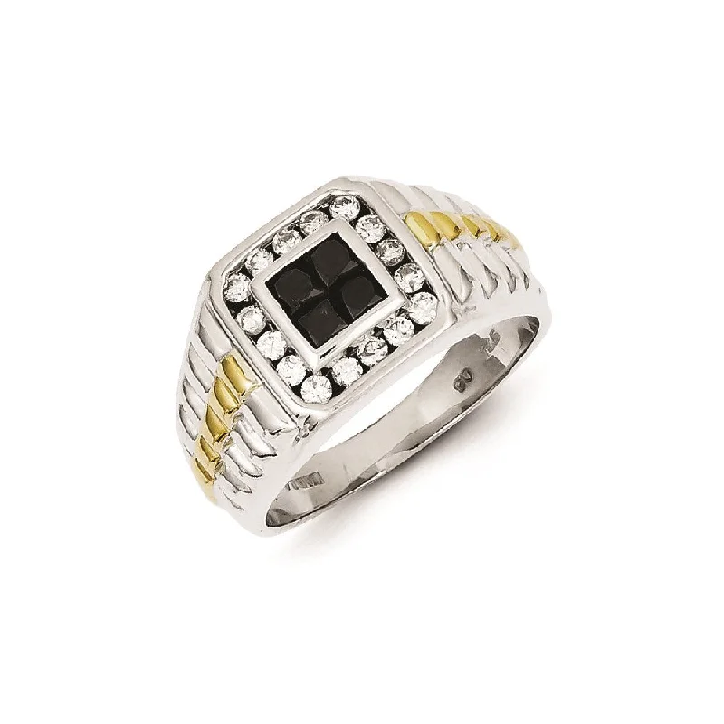 ladies rings with star detail -Sterling Silver and Gold Plated Black & White Diamond Square Men's Ring