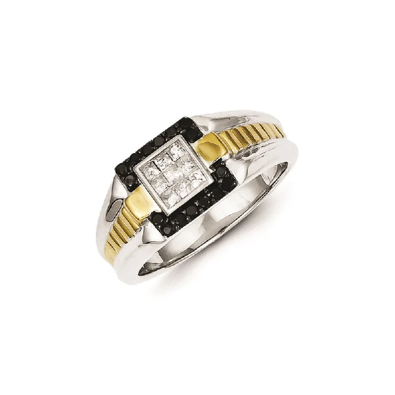 ladies rings for anniversary love -Sterling Silver and Gold Plated Black & White Diamond Men's Ring