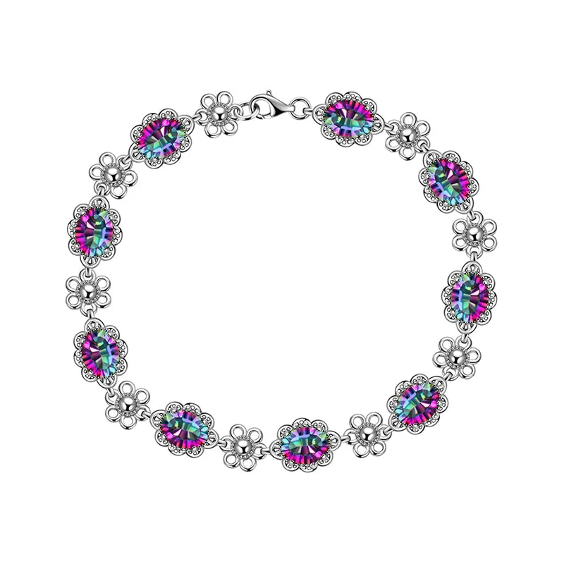 Trendy charm bracelets for women -Women Vintage Tennis Bracelet Rainbow Mystic Topaz Jewelry Flower Oval Girls Gifts 925 Sterling Silver