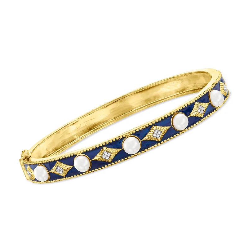 Ladies topaz bracelets -Ross-Simons 4.5-5mm Cultured Pearl Bangle Bracelet With Diamond Accents and Blue Enamel in 18kt Gold Over Sterling