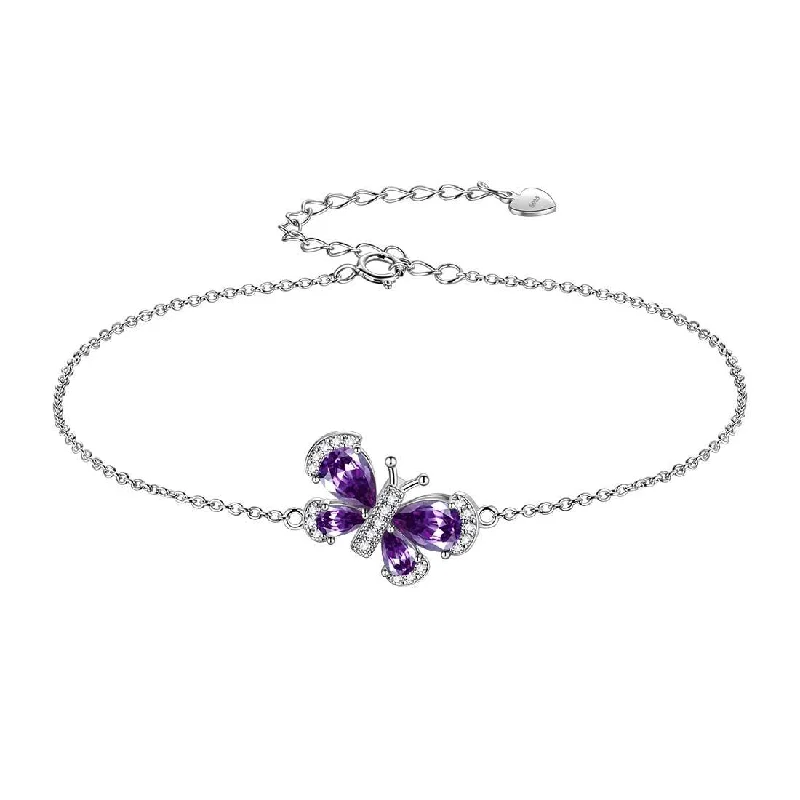 Simple silver charm bracelets for women -Butterfly Bracelet Birthstone February Amethyst Crystal Women Girls Jewelry Birthday Gift