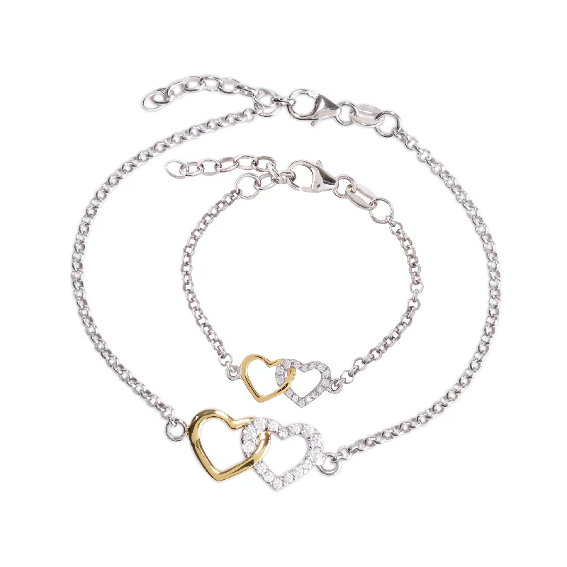 Ladies minimalist bracelets -Mom and Me Bracelet Set - Double Hearts Gold-Plated/Sterling Silver