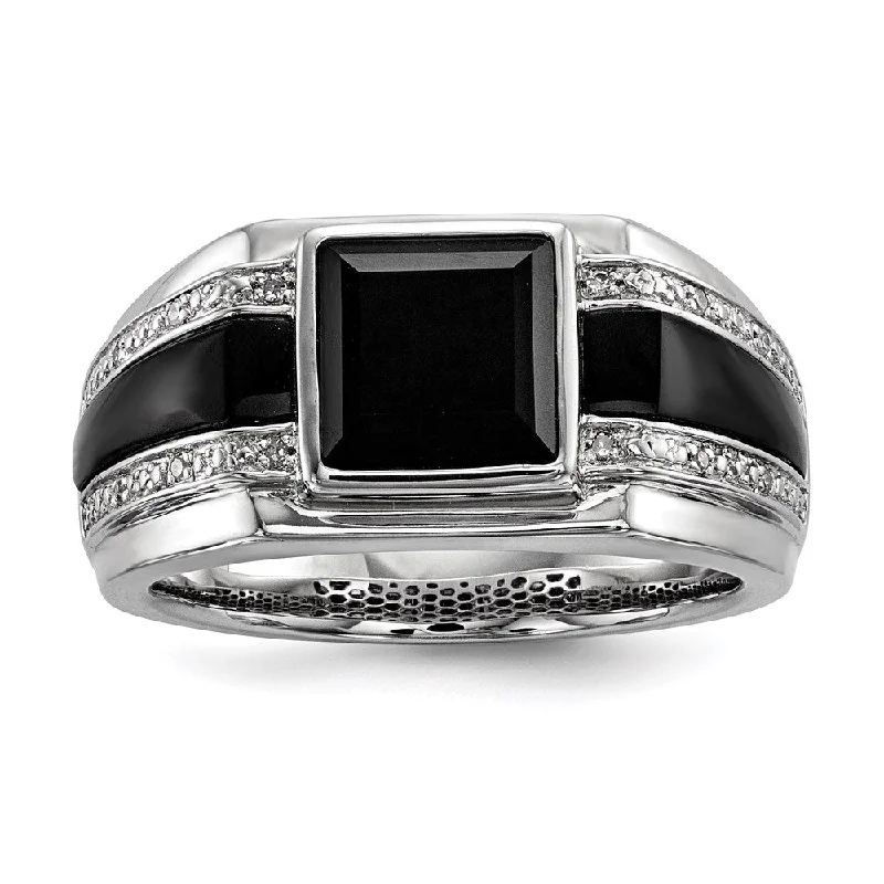 ladies rings for stylish women -White Night Sterling Silver Rhodium-plated Diamond and Onyx Men's Ring