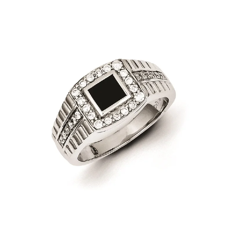 ladies rings art deco flair -Sterling Silver Rhodium Plated Diamond & Black Onyx Men's Ring