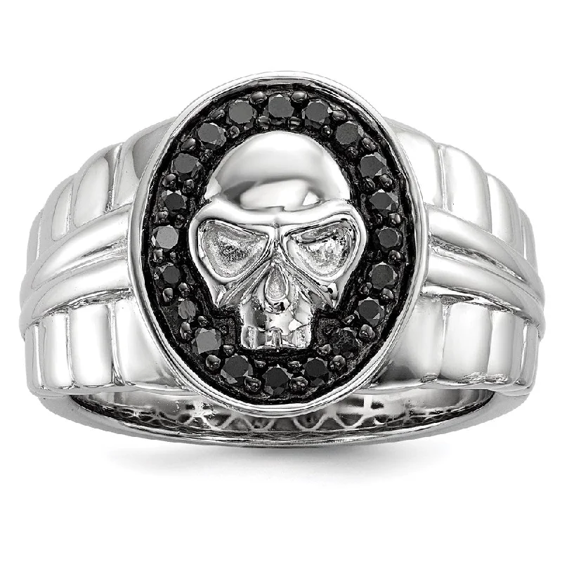 ladies rings bold statement piece -White Night Sterling Silver Rhodium-plated Black Diamond Oval Skull Men's Ring