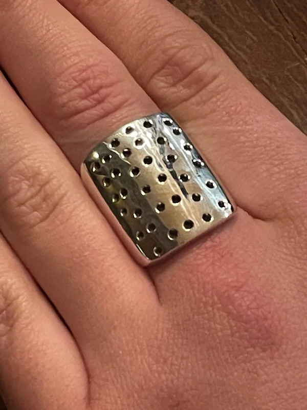 ladies rings bold statement piece -Dotted Rectangle Silver Ring