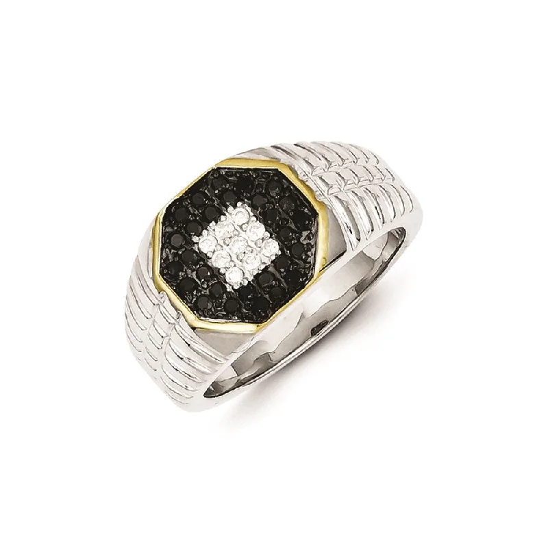 ladies rings with pink tourmaline -Sterling Silver and Gold Plated Black and White Diamond Men's Ring