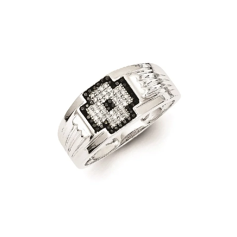 ladies rings modern sleek look -Sterling Silver Rhodium Plated Black and White Diamond Men's Ring