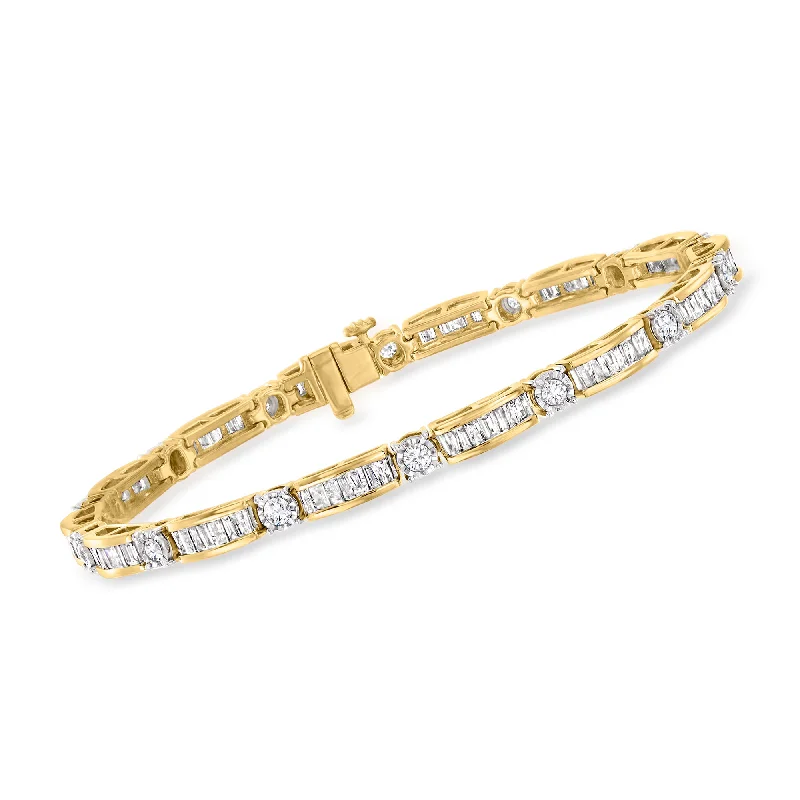 Boho style bracelets for women -Ross-Simons 3.00- Baguette and Round Diamond Bracelet in 18kt Gold Over Sterling. 7 inches