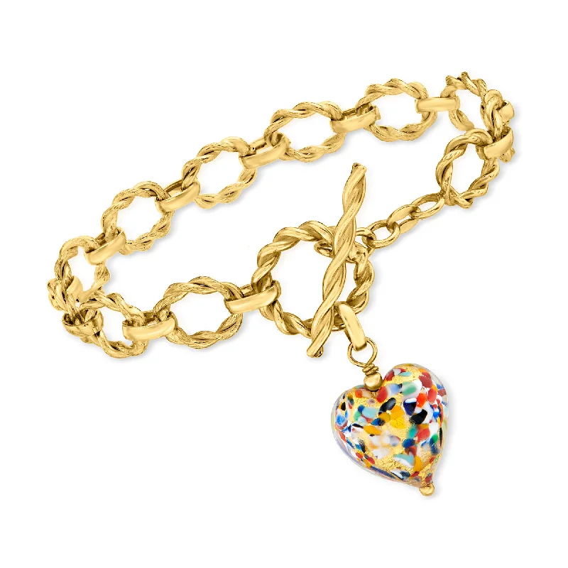 Elegant layered bracelets for women -Ross-Simons Italian Multicolored Murano Glass Heart Bracelet in 18kt Gold Over Sterling