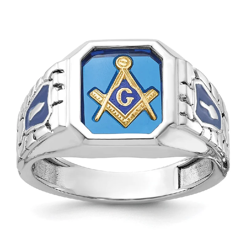 ladies rings for wedding vow -14k White Gold Men's Polished and Textured with Blue Enamel and Lab Created Sapphire Blue Lodge Master Masonic Ring