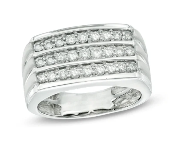 ladies rings vintage chic look -Men's 1 CT. Diamond Three Row Anniversary Ring in 14K White Gold