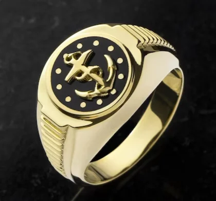 ladies rings anniversary gift idea -Black Onyx with Anchor Design Men's Ring in 10K Yellow Gold