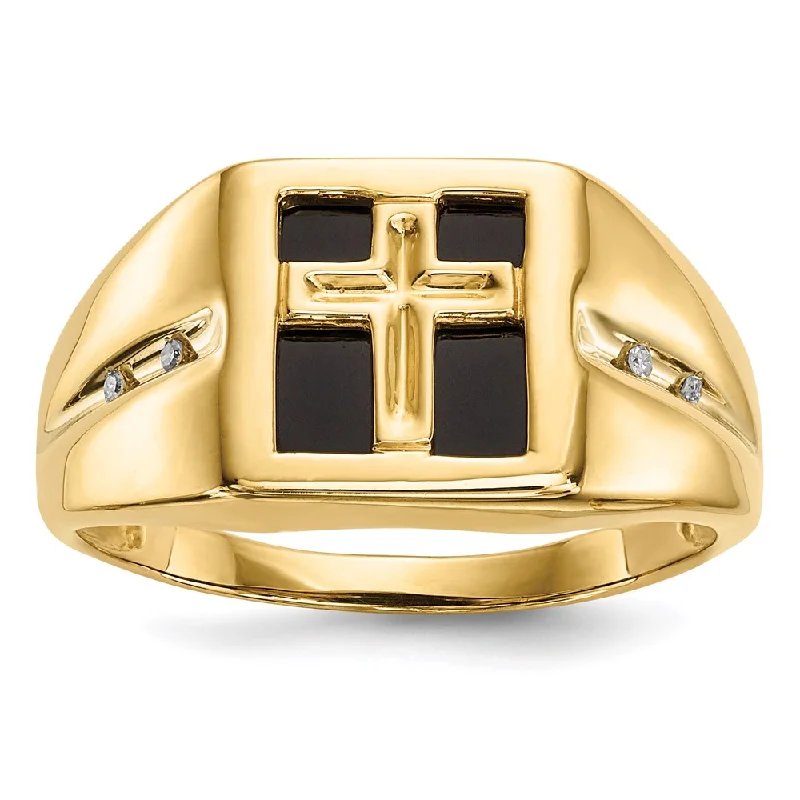 ladies rings romantic delicate style -14K Gold w/ Onyx & Real Diamond Cross Christian Religious Men's Ring