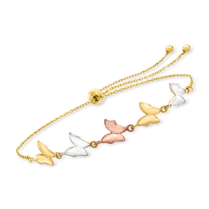 Simple gold cuff bracelets for ladies -Ross-Simons 14kt Tri-Colored Gold Butterfly Bolo Bracelet