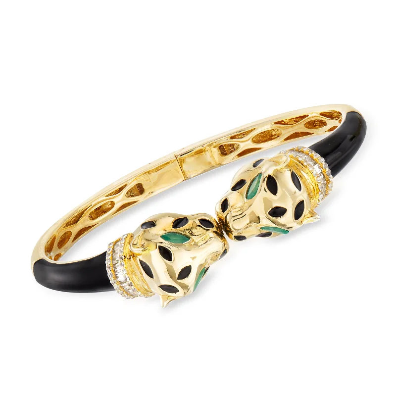 Ladies onyx bracelets -Ross-Simons White Zircon and . Green Chrome Diopside Panther Bangle Bracelet in 18kt Gold Over Sterling With Black Enamel