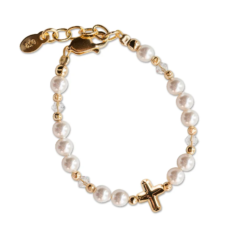 Dainty silver bracelets for women -14K Gold-Plated Simulated Pearl Bracelet with Cross Baptism or First Communion Gift