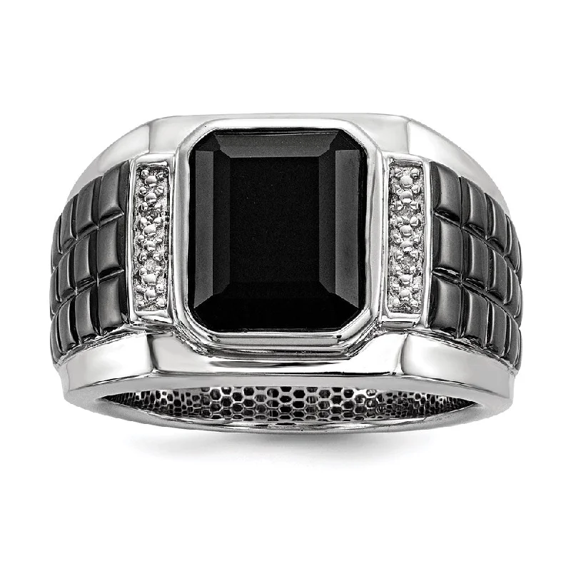 ladies rings for mother gift -White Night Sterling Silver Black Rhodium-plated Diamond and Onyx Square Men's Ring