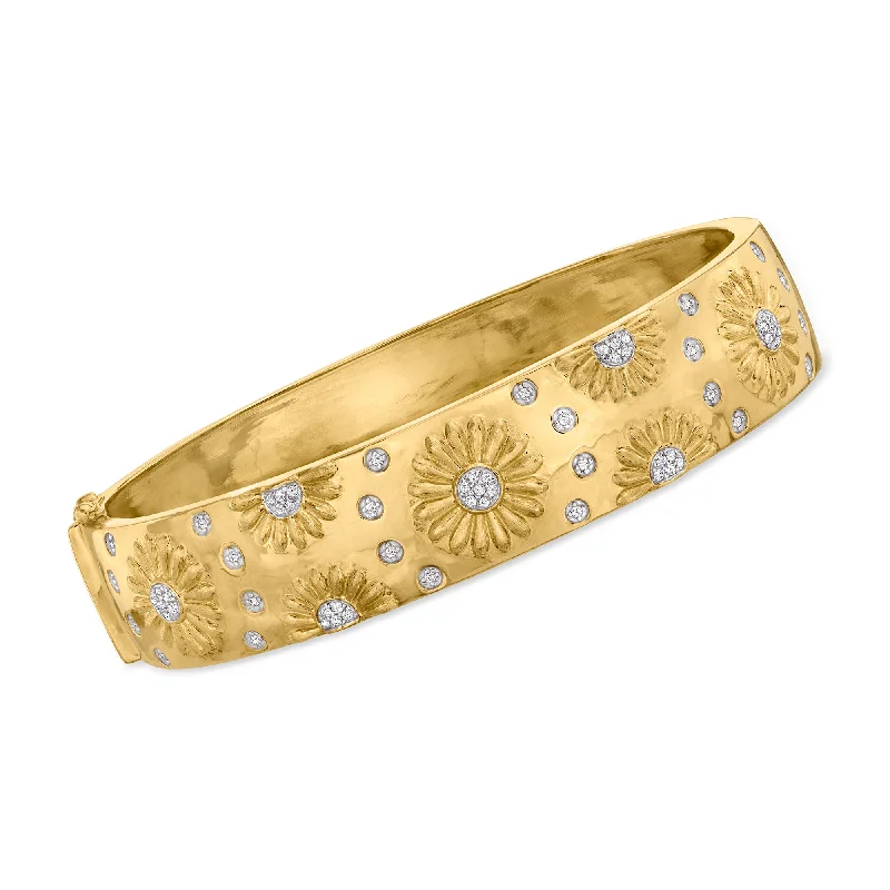 Modern gold bangle bracelets for ladies -Ross-Simons Diamond Sunflower Bangle Bracelet in 18kt Gold Over Sterling