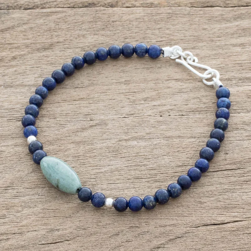 Modern bangle bracelets for ladies -Cool Serenity Jade and Lapis Lazuli Beaded Pendant Bracelet from Guatemala