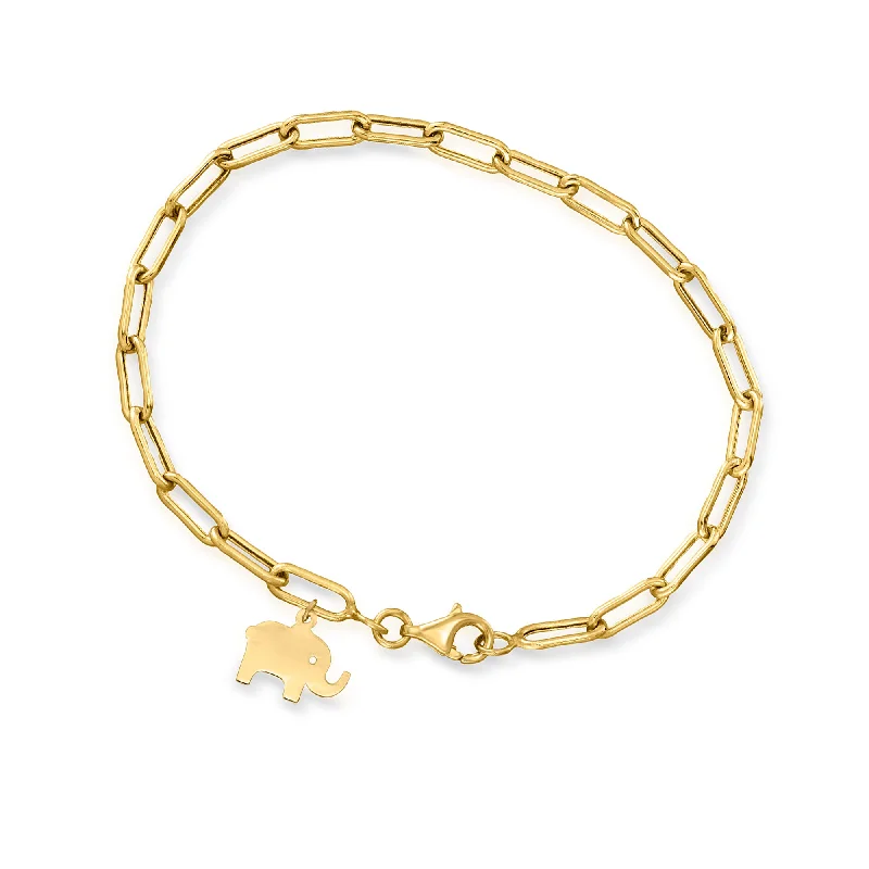 Modern gold bangle bracelets for ladies -Canaria 10kt Yellow Gold Elephant Charm Paper Clip Link Bracelet