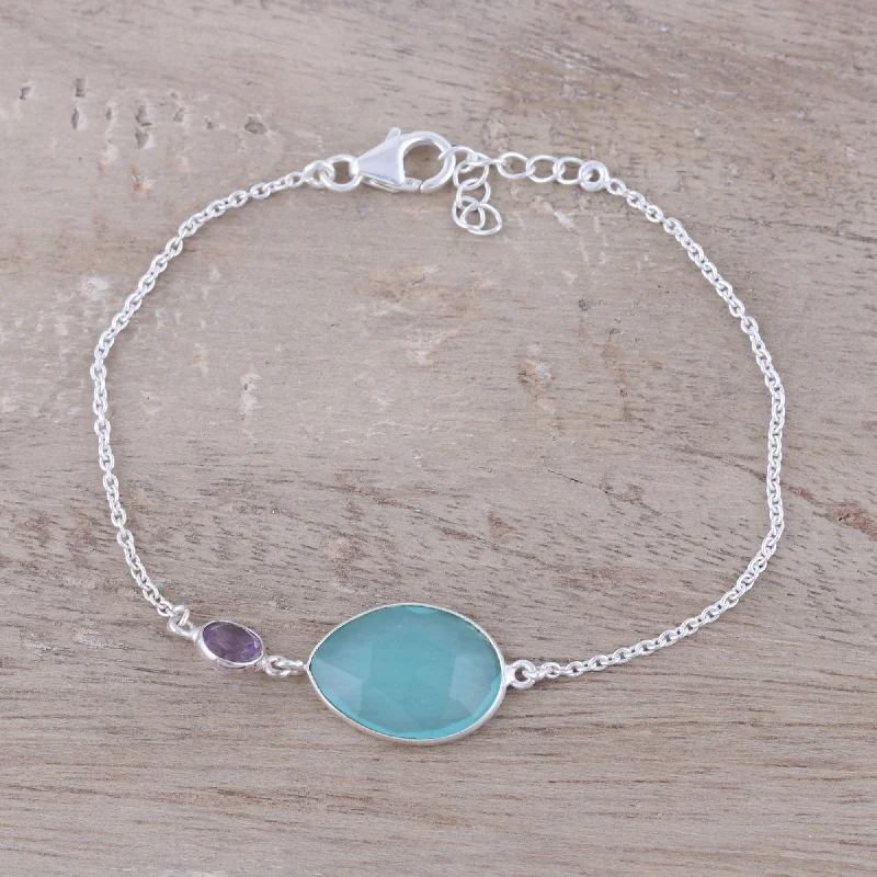 Minimalist silver bracelets for women -Crystal Shimmer Sterling Silver Chalcedony and Amethyst Pendant Bracelet