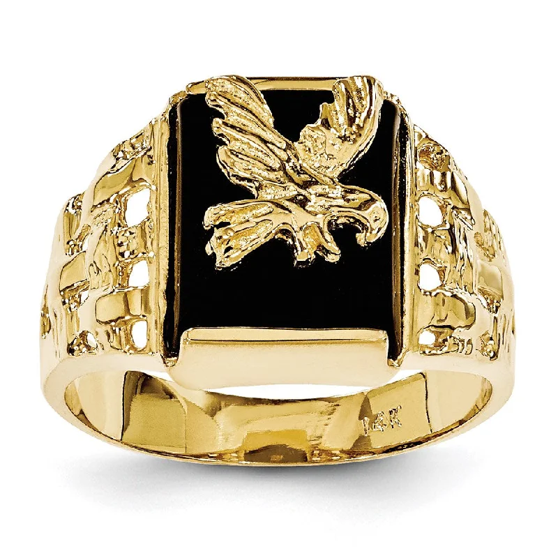 ladies rings thin band elegance -14K Yellow Gold Men's Onyx Eagle Ring