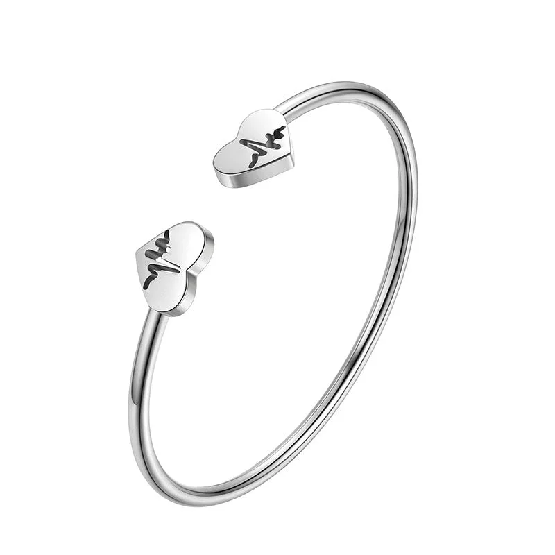 Crystal charm bracelets for ladies -Women Heart Open Cuff Bangle Bracelet Jewelry Stainless Steel