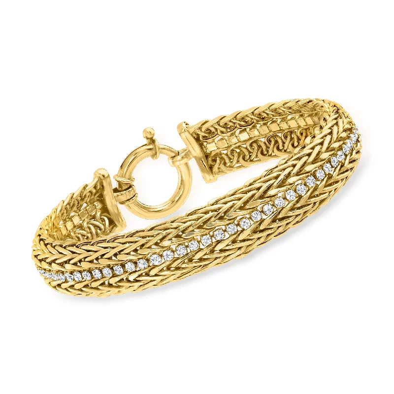 Simple gold bracelets for ladies -Ross-Simons CZ 2-Row Wheat Chain Bracelet in 18kt Gold Over Sterling