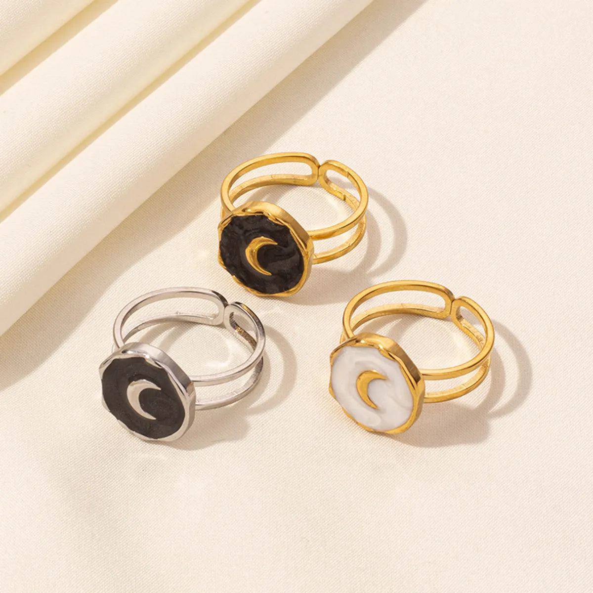 ladies rings classic timeless appeal -Wholesale Jewelry Casual Sweet Geometric Moon 304 Stainless Steel 18K Gold Plated Polishing Enamel Open Rings