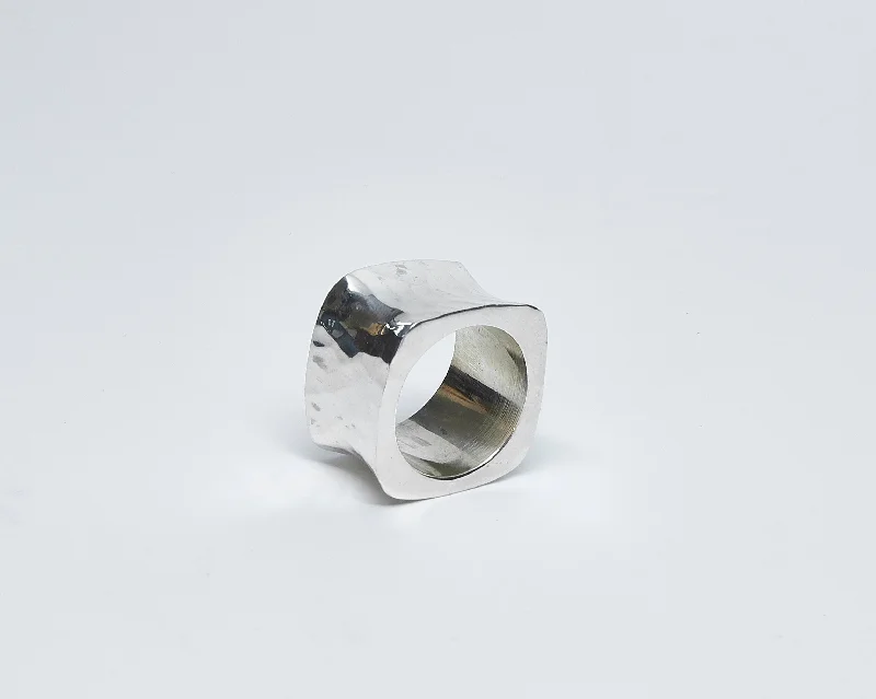 ladies rings promise ring design -Hammered Silver Square Concave Ring