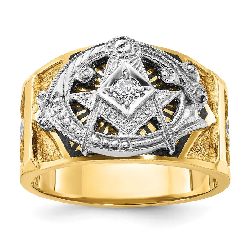 ladies rings floral pattern beauty -14k Two-tone Gold Men's Polished and Textured with Blue and Black Enamel Diamond Blue Lodge Master Masonic Ring