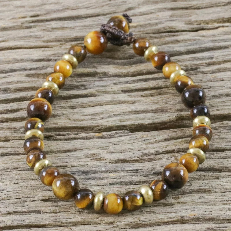 Ladies retro style bracelets -Courageous Eye Hand Crafted Bead Bracelet of Tiger's Eye and Brass