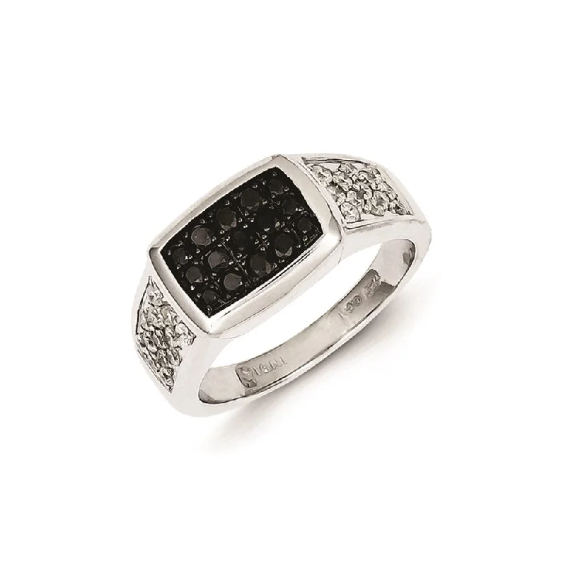 ladies rings with gemstone accent -Sterling Silver Rhodium Plated Black and White Diamond Men's Ring