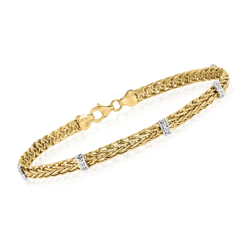 Ladies handmade bracelets -Ross-Simons 14kt Yellow Gold Wheat-Link Station Bracelet With Diamond Accents