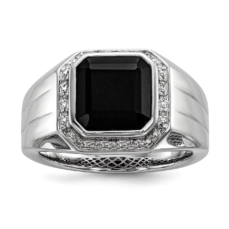 ladies rings with pink tourmaline -White Night Sterling Silver Rhodium-plated Diamond and Black Onyx Square Men's Ring