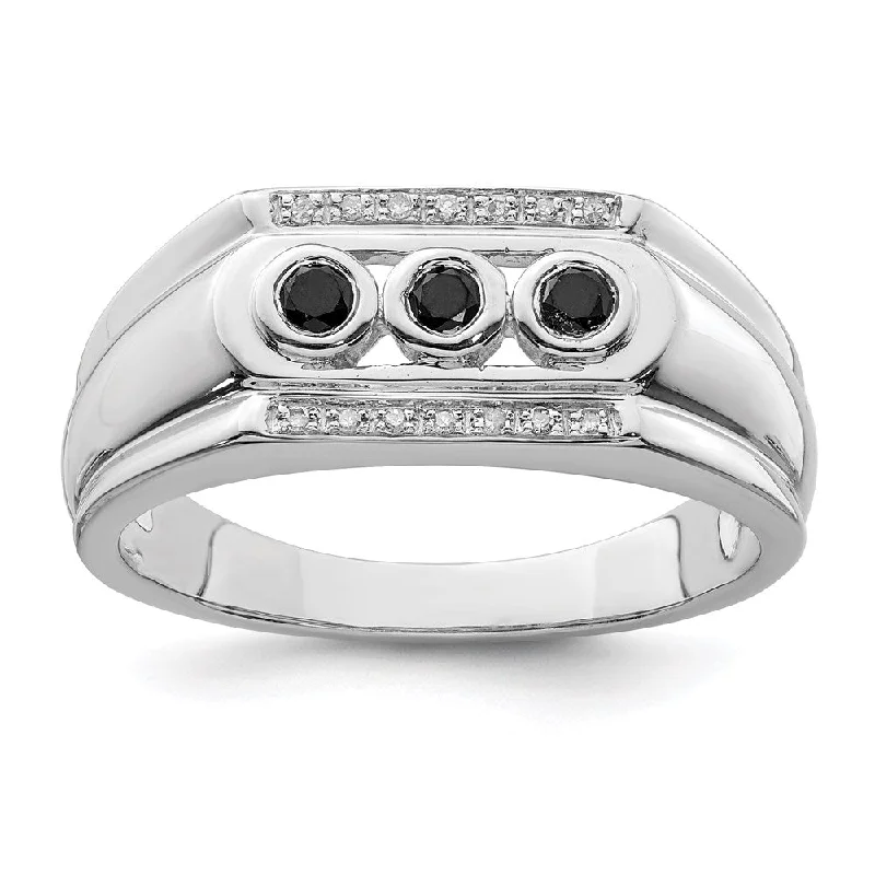 ladies rings with ruby red -Sterling Silver Rhodium Plated Black and White Diamond Men's Ring