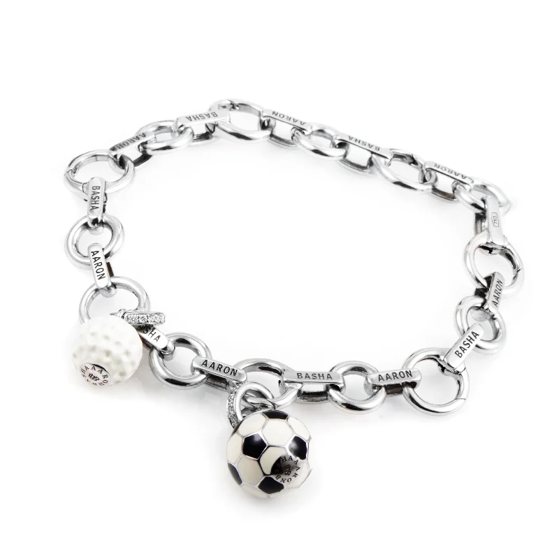 Ladies minimalist bracelets -Aaron Basha 18K White Gold Diamond Sports Charm Bracelet