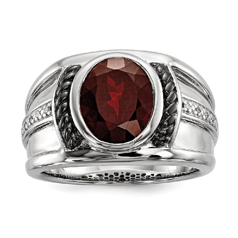 ladies rings for party glamour -White Night Sterling Silver Black Rhodium-plated Garnet and Diamond Oval Men's Ring