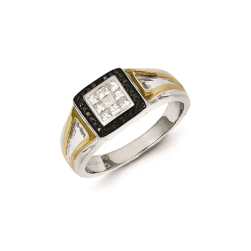 ladies rings with black onyx -Sterling Silver and Gold Plated Black & White Diamond Men's Ring