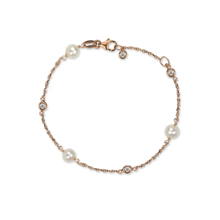 Ladies vintage gold bracelets -14K Rose Gold Freshwater Pearl and Cubic Zirconia Bracelet