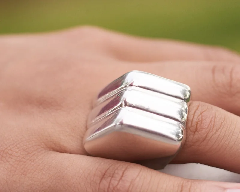 ladies rings with yellow citrine -Silver Triangle Ring with Ridges