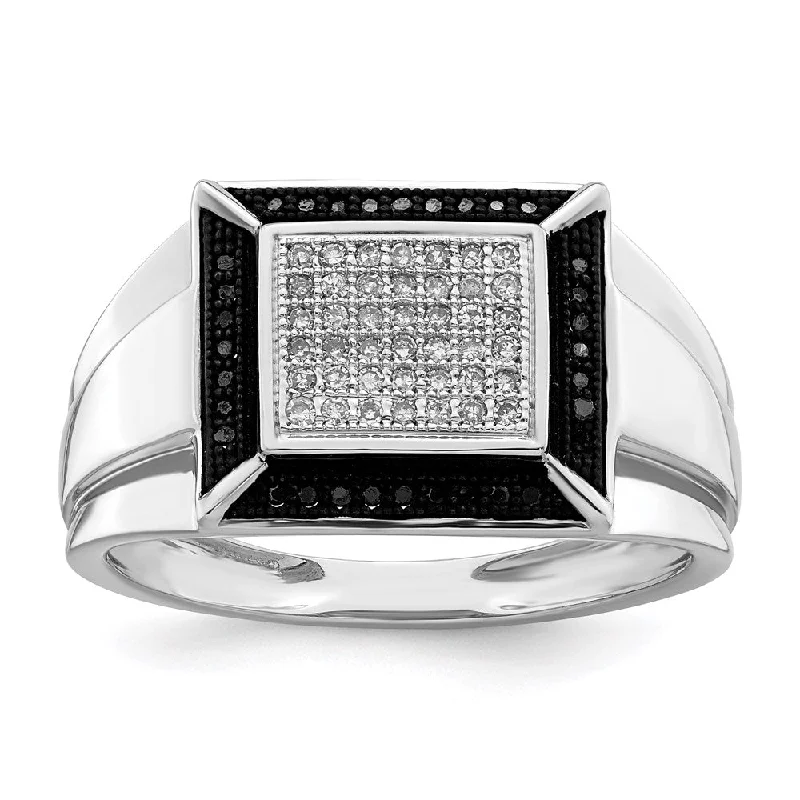 ladies rings with pearl accent -Sterling Silver Rhodium Plated Black and White Diamond Men's Ring