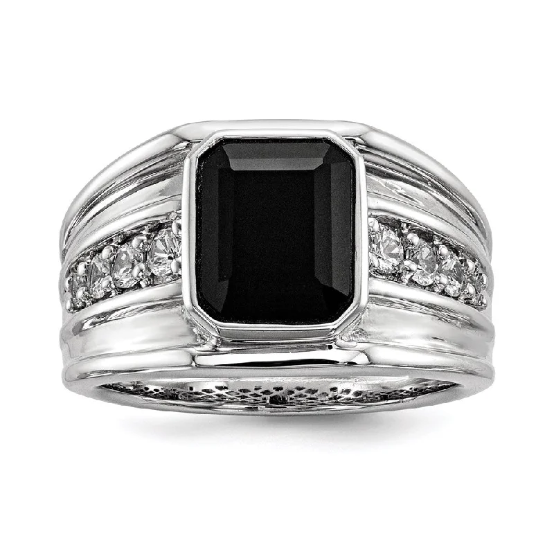 ladies rings promise ring design -Sterling Silver White Sapphire & Onyx Square Men's Ring