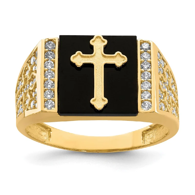 ladies rings for mother gift -10K Yellow Gold CZ and Onyx Cross Men'S Ring