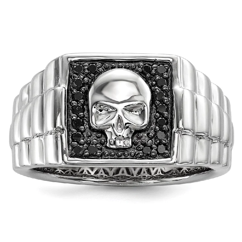 ladies rings with engraving detail -White Night Sterling Silver Rhodium-plated Black Diamond Square Skull Men's Ring