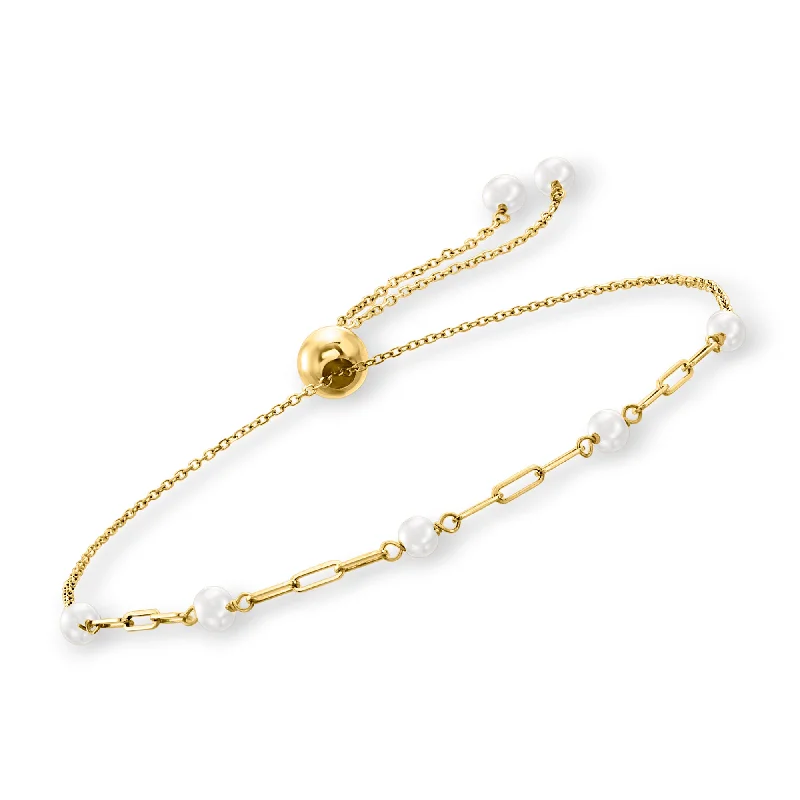 Modern layered bracelets for women -Ross-Simons 3-3.5mm Cultured Pearl and 14kt Yellow Gold Paper Clip Link Bolo Bracelet