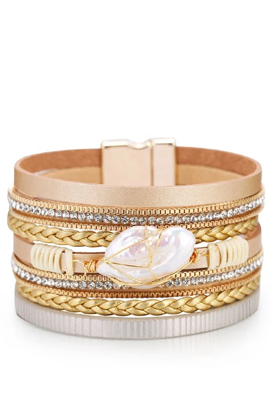 Elegant chain bracelets for ladies -18k Gold Multi Row Champagne Leather Pearl Bracelet