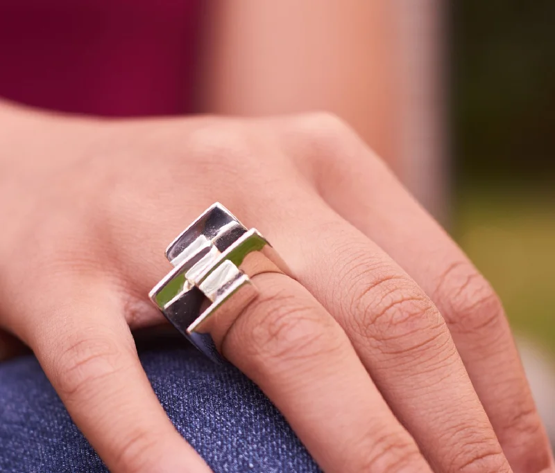 ladies rings with red ruby -Silver Ridged Square Ring